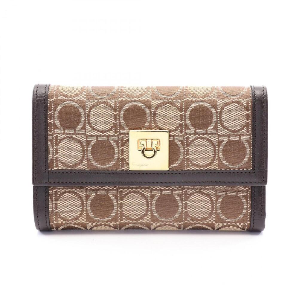 Salvatore Ferragamo Gancini Tri-fold Wallet, Canvas and Leather, Women's, Bei...